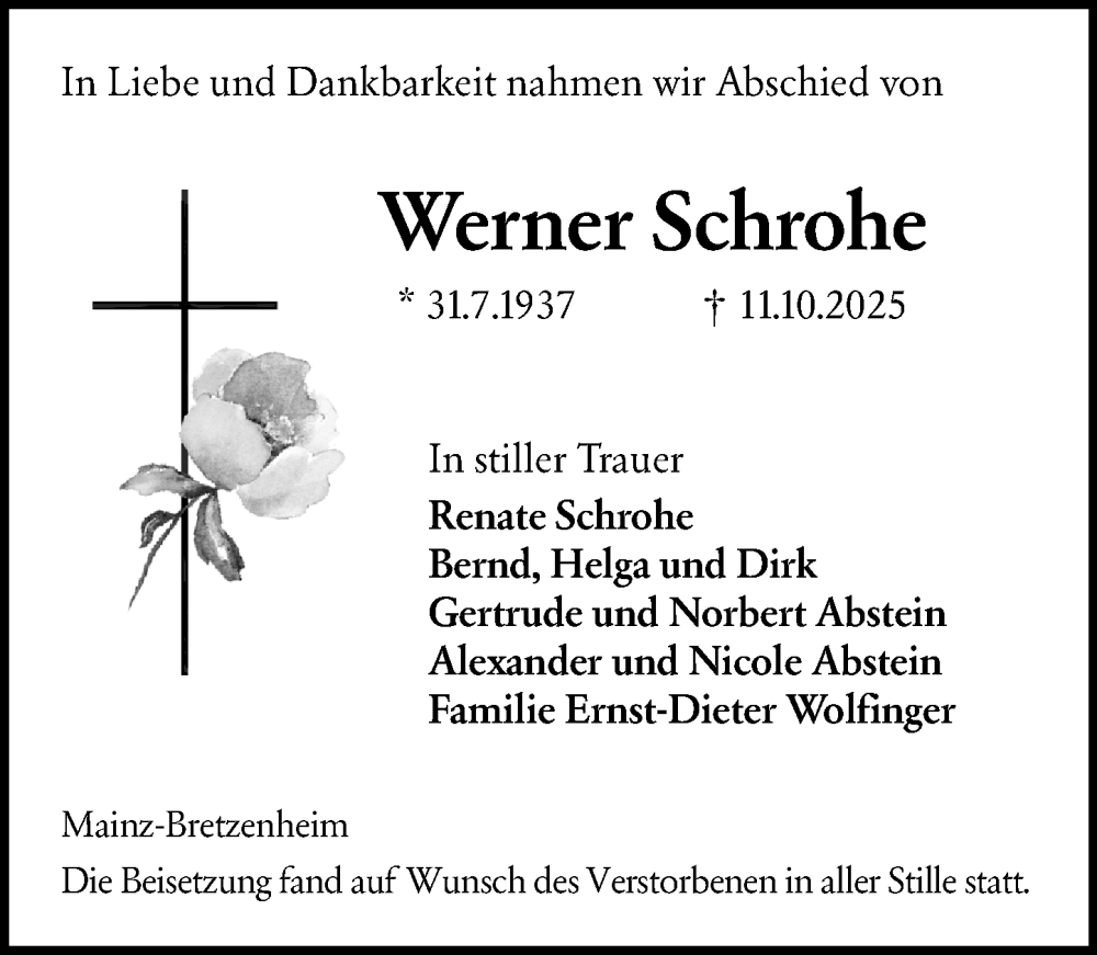  Traueranzeige für Werner Schrohe vom 15.11.2025 aus Allgemeine Zeitung Mainz