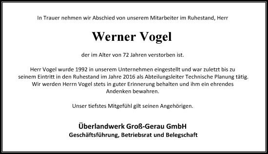 Traueranzeige von Werner Vogel von Groß-Gerauer Echo