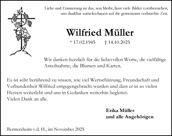 Traueranzeige von Wilfried Müller von Allgemeine Zeitung Alzey