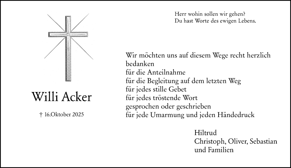  Traueranzeige für Willi Acker vom 15.11.2025 aus Hinterländer Anzeiger