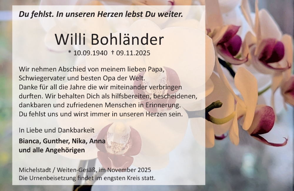  Traueranzeige für Willi Bohländer vom 22.11.2025 aus Odenwälder Echo