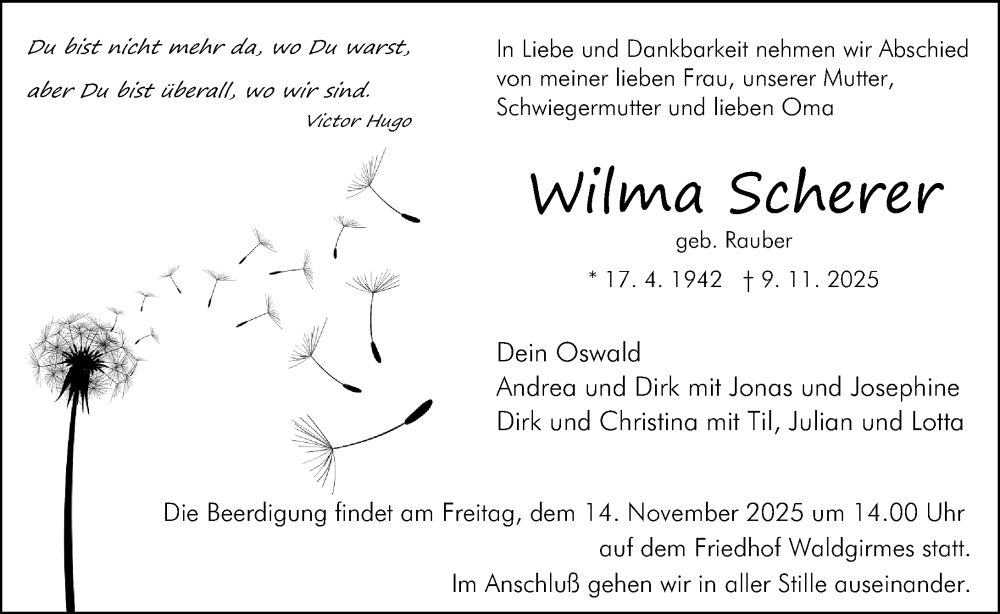  Traueranzeige für Wilma Scherer vom 12.11.2025 aus Wetzlarer Neue Zeitung