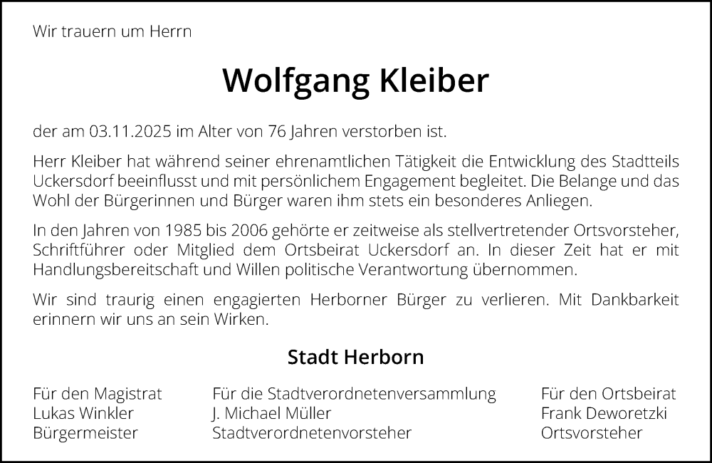  Traueranzeige für Wolfgang Kleiber vom 28.11.2025 aus Dill Block