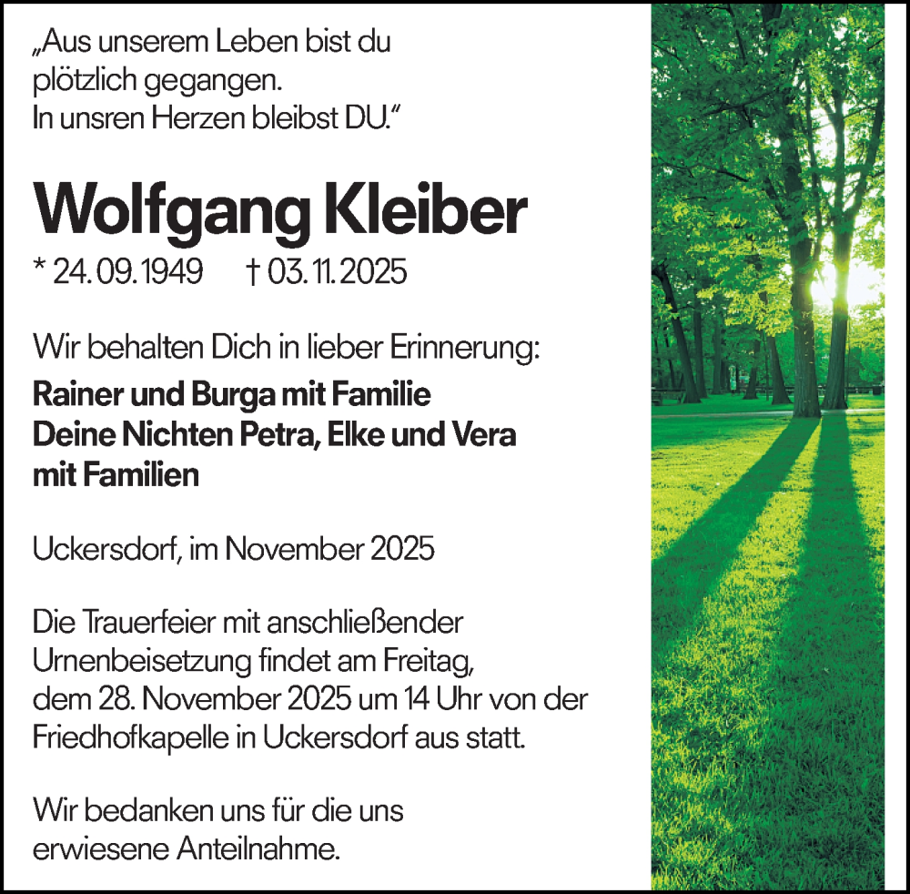  Traueranzeige für Wolfgang Kleiber vom 22.11.2025 aus Dill Block