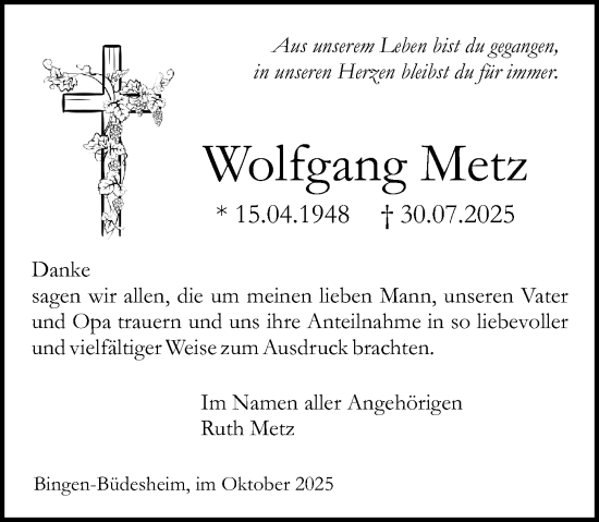 Traueranzeige von Wolfgang Metz von Binger-/Ingelheimer Wochenblatt