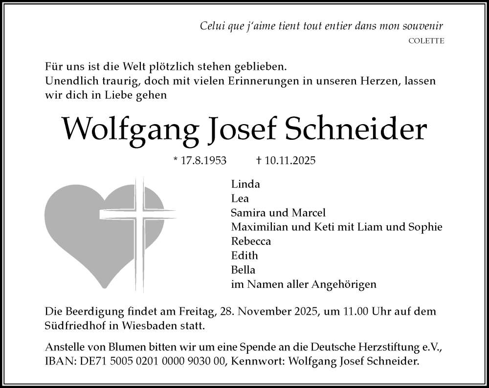  Traueranzeige für Wolfgang Josef Schneider vom 22.11.2025 aus Wiesbadener Kurier