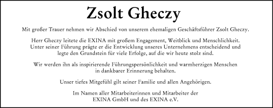 Traueranzeige von Zsolt Gheczy von Wiesbadener Kurier
