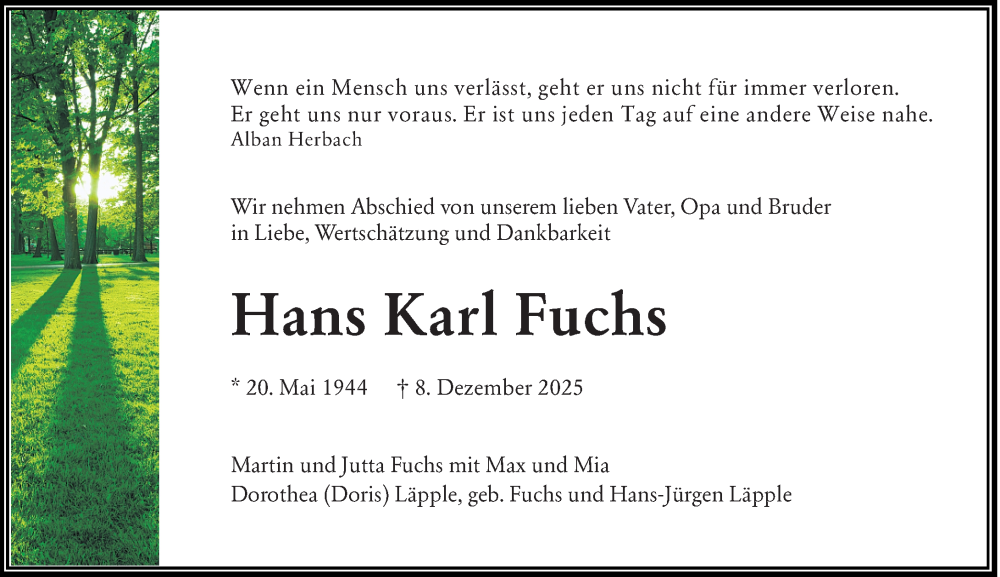  Traueranzeige für Hans Karl Fuchs vom 20.12.2025 aus Darmstädter Echo vom