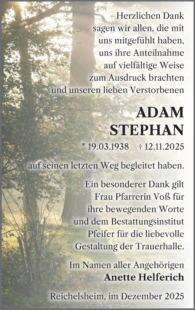  Traueranzeige für Adam Stephan vom 20.12.2025 aus Odenwälder Echo