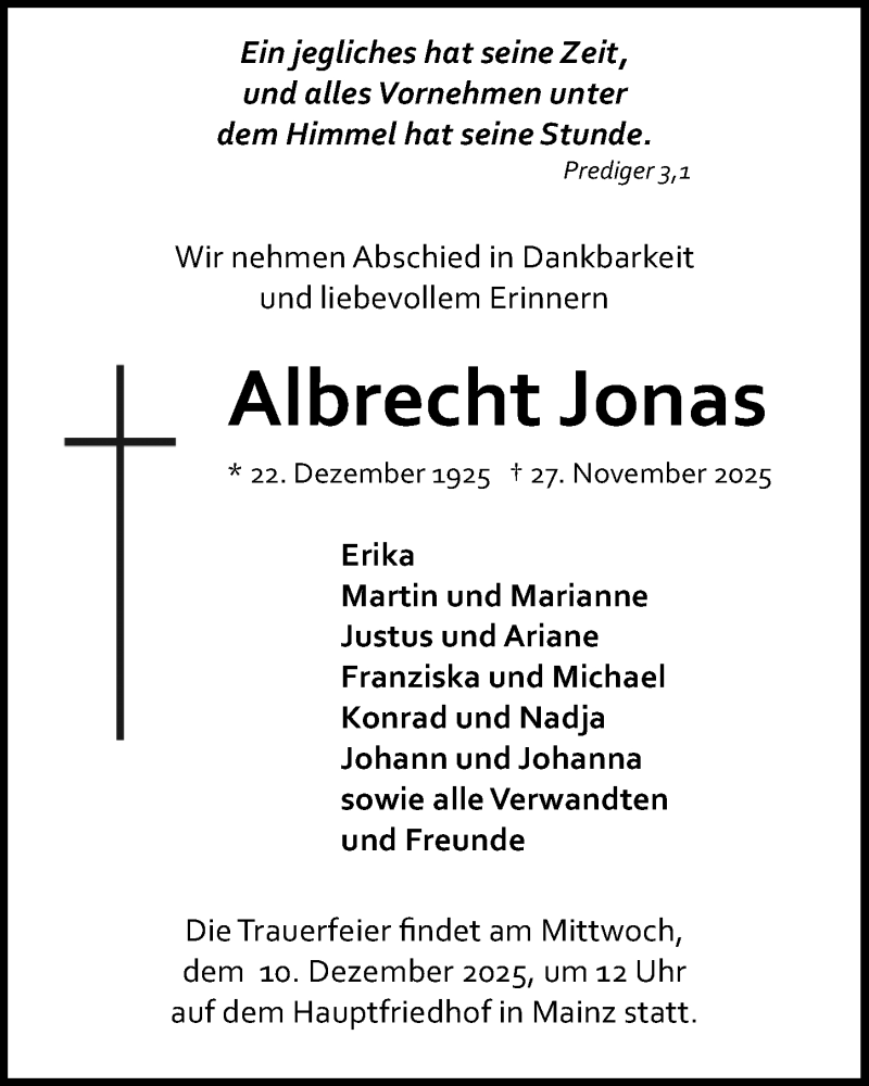 Traueranzeige für Albrecht Jonas vom 06.12.2025 aus Allgemeine Zeitung Mainz