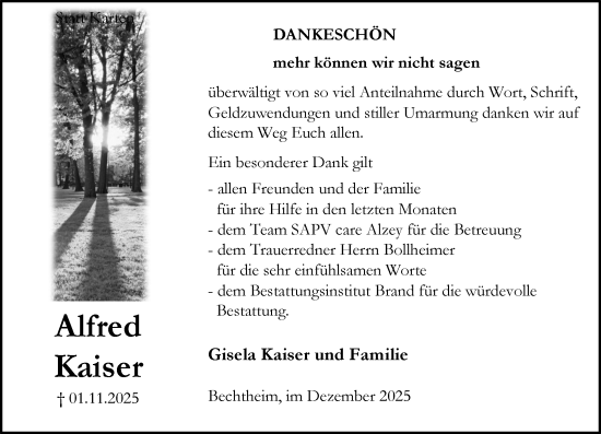 Traueranzeige von Alfred Kaiser von Allgemeine Zeitung Mainz