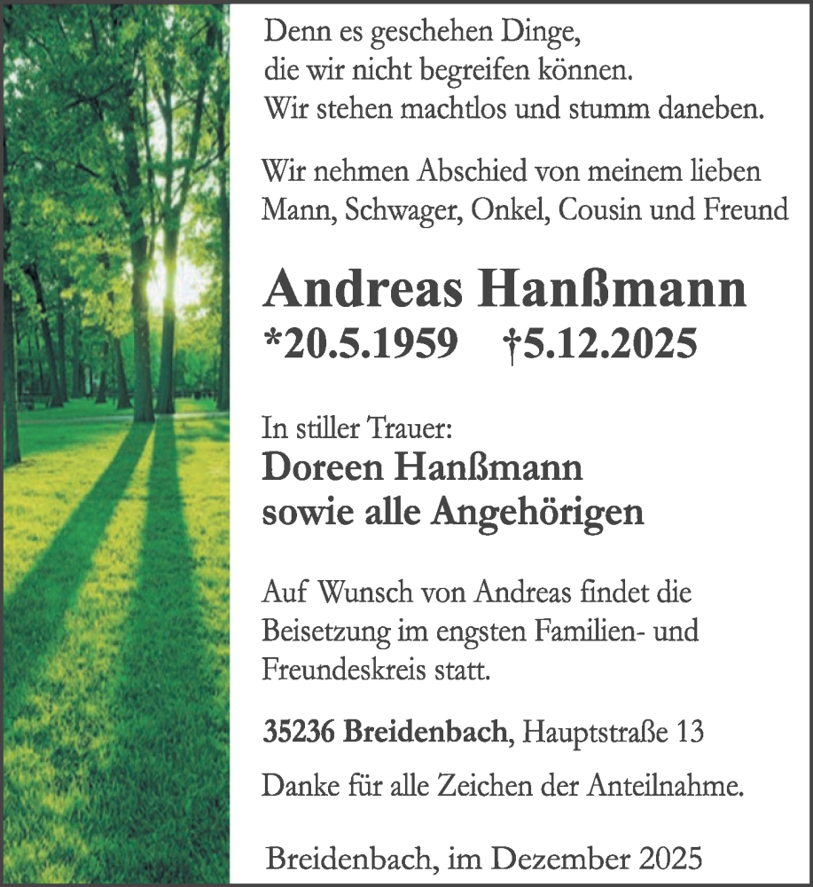  Traueranzeige für Andreas Hanßmann vom 20.12.2025 aus Hinterländer Anzeiger