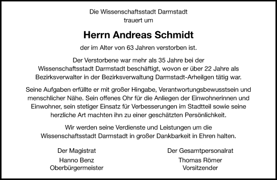 Traueranzeige von Andreas Schmidt von Darmstädter Echo