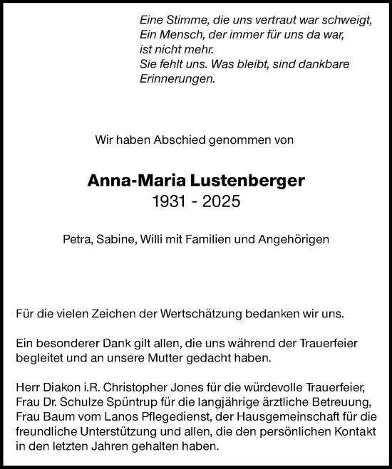 Traueranzeige von Anna-Maria Lustenberger von Allgemeine Zeitung Mainz