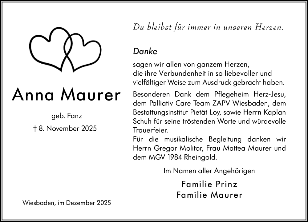  Traueranzeige für Anna Maurer vom 06.12.2025 aus Wiesbadener Kurier