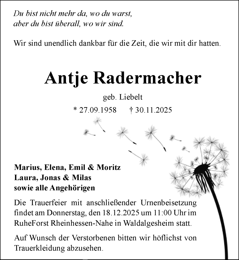  Traueranzeige für Antje Radermacher vom 13.12.2025 aus Wiesbadener Kurier