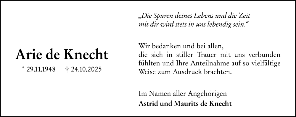  Traueranzeige für Arie de Knecht vom 20.12.2025 aus Hinterländer Anzeiger
