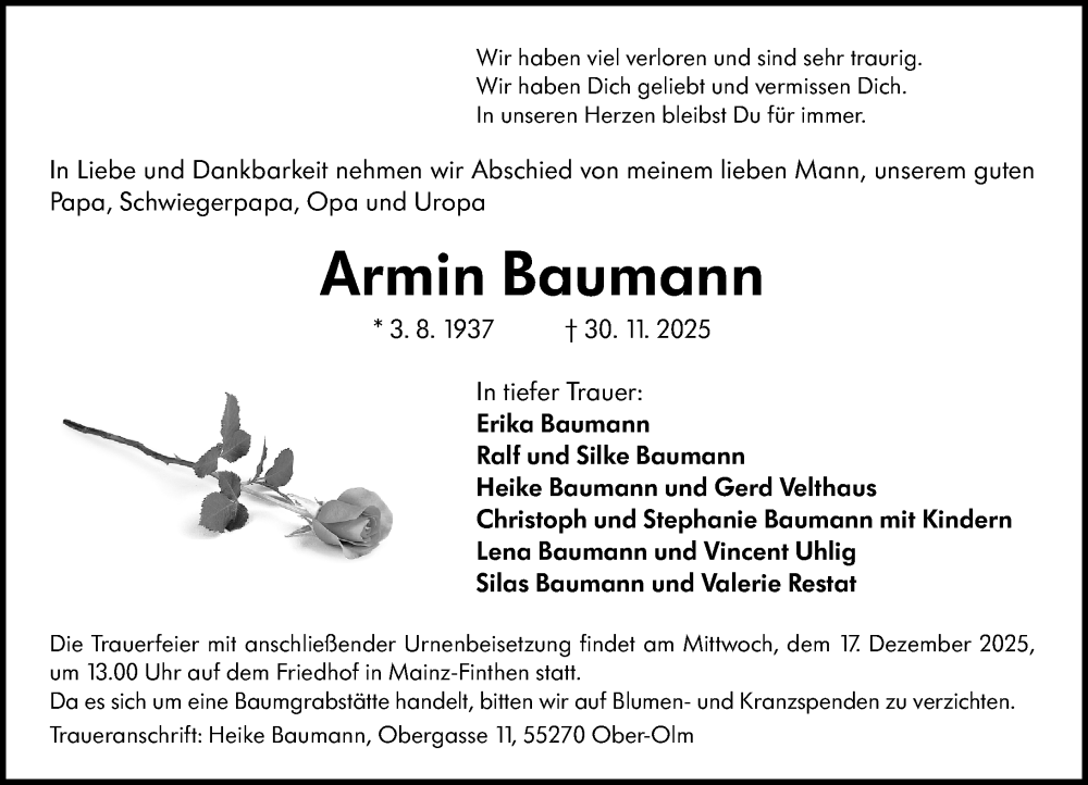  Traueranzeige für Armin Baumann vom 13.12.2025 aus Allgemeine Zeitung Mainz