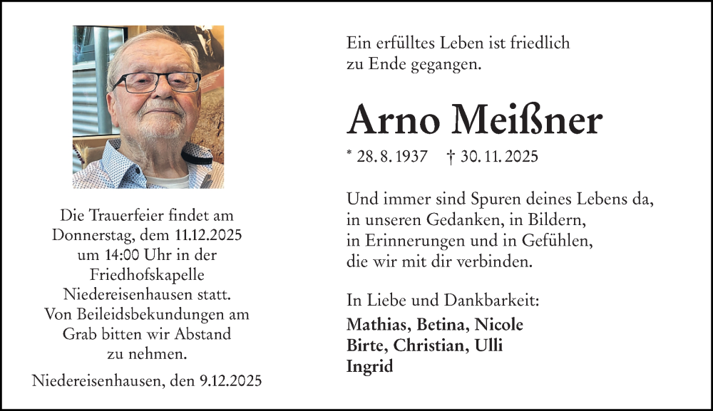  Traueranzeige für Arno Meißner vom 09.12.2025 aus Hinterländer Anzeiger