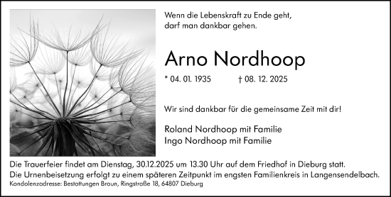 Traueranzeige von Arno Nordhoop von Dieburger Anzeiger/Groß-Zimmerner Lokal-Anzeiger