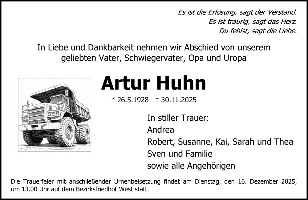  Traueranzeige für Artur Huhn vom 13.12.2025 aus Allgemeine Zeitung Mainz