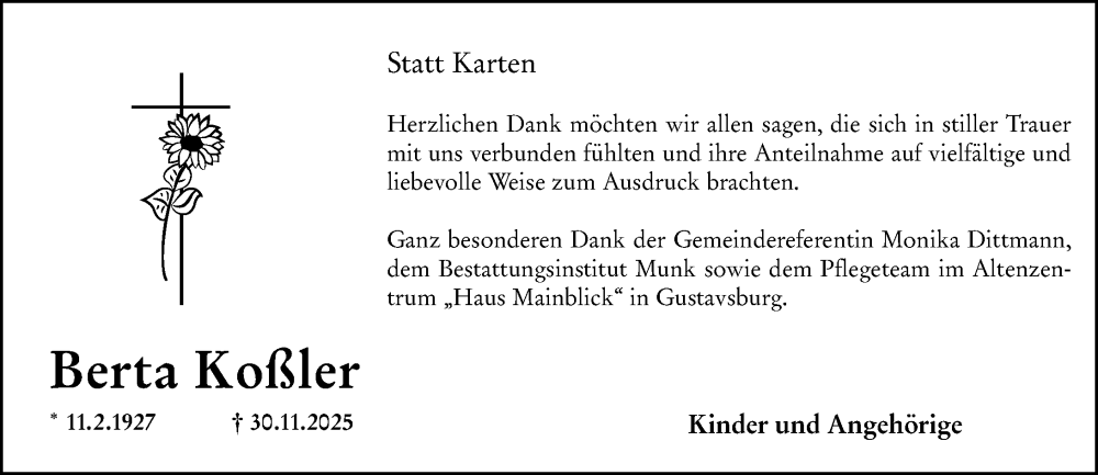  Traueranzeige für Berta Koßler vom 12.12.2025 aus Hochheimer Zeitung