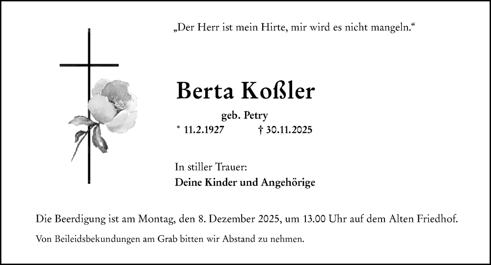  Traueranzeige für Berta Koßler vom 05.12.2025 aus Hochheimer Zeitung