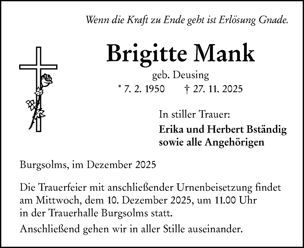  Traueranzeige für Brigitte Mank vom 06.12.2025 aus Wetzlarer Neue Zeitung