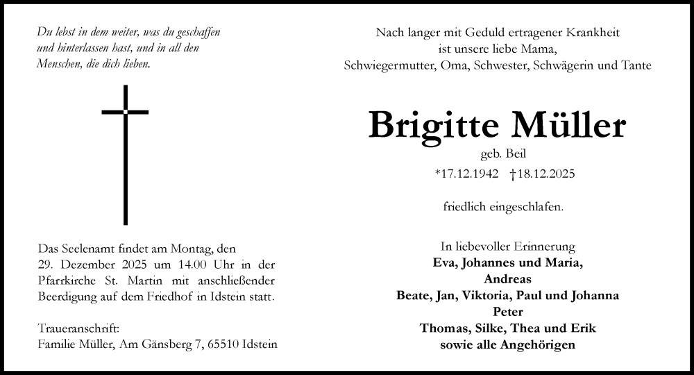  Traueranzeige für Brigitte Müller vom 27.12.2025 aus Idsteiner Land/Untertaunus