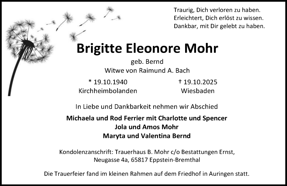  Traueranzeige für Brigitte Eleonore Mohr vom 13.12.2025 aus Wiesbadener Kurier