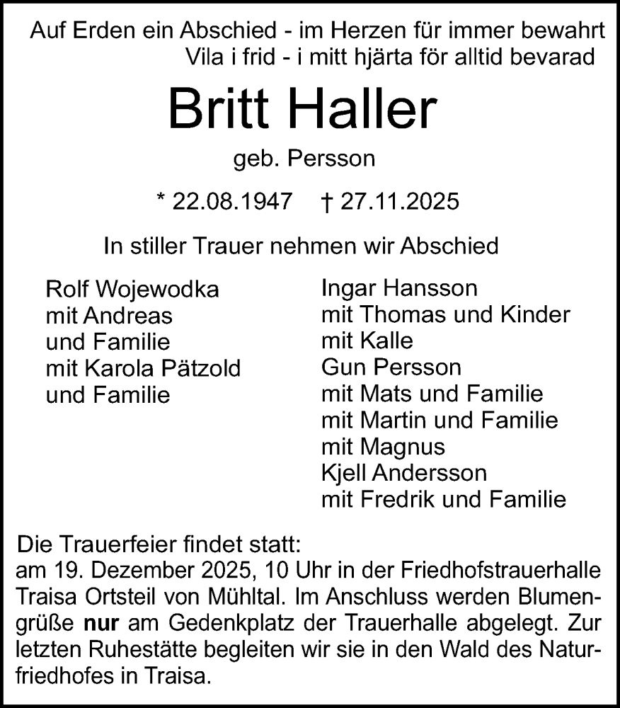  Traueranzeige für Britt Haller vom 13.12.2025 aus Darmstädter Echo