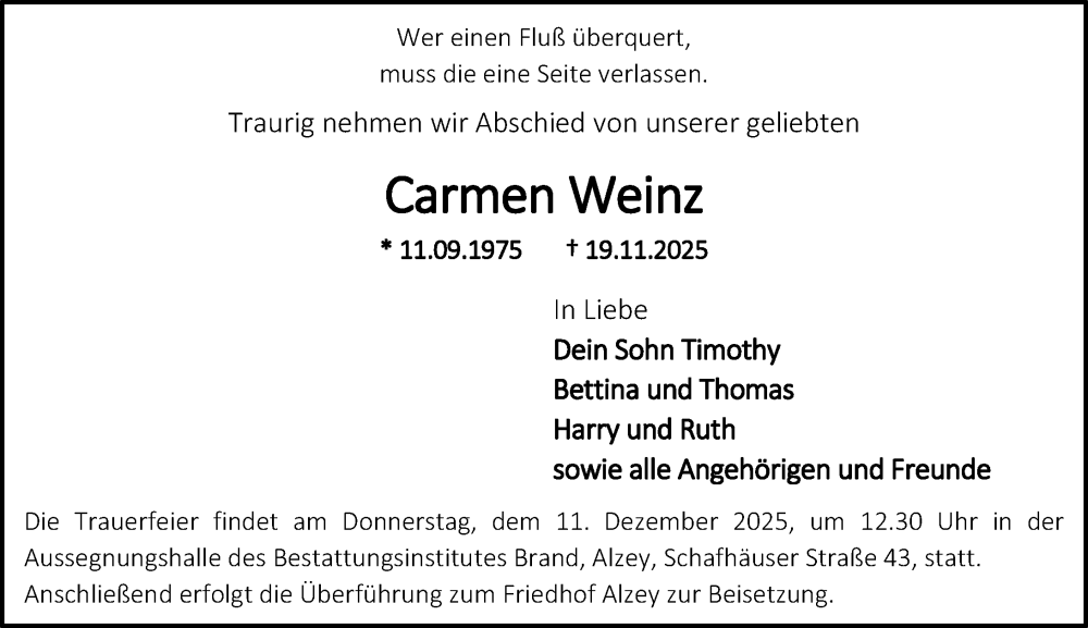  Traueranzeige für Carmen Weinz vom 09.12.2025 aus Allgemeine Zeitung Alzey