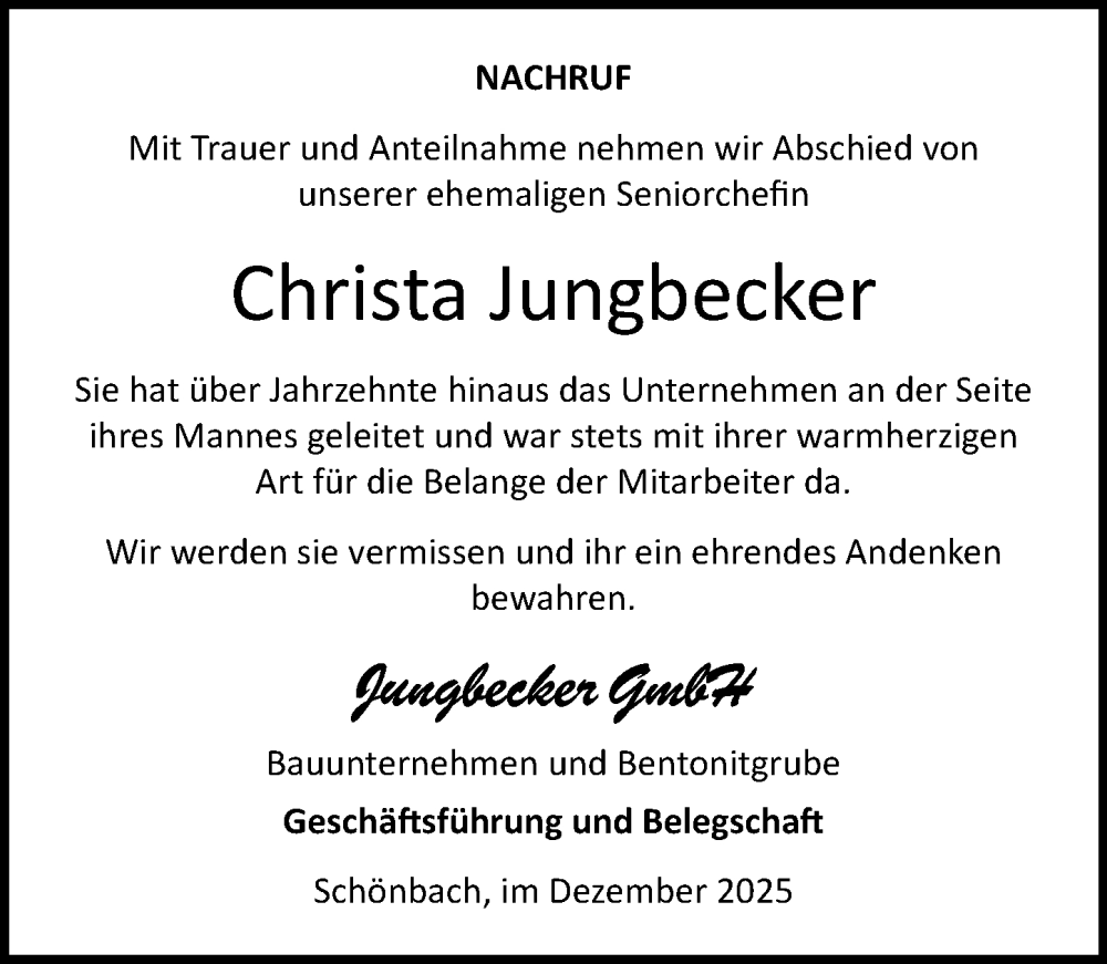  Traueranzeige für Christa Jungbecker vom 03.12.2025 aus Dill Block