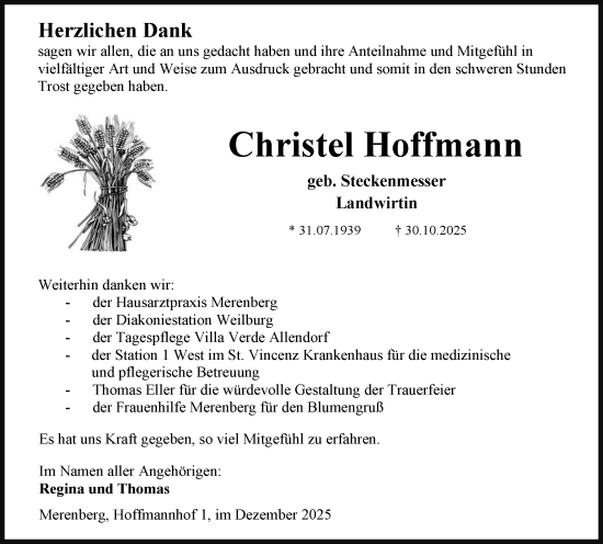 Traueranzeige von Christel Hoffmann von Weilburger Tageblatt