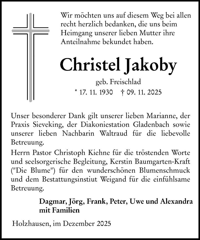  Traueranzeige für Christel Jakoby vom 06.12.2025 aus Hinterländer Anzeiger
