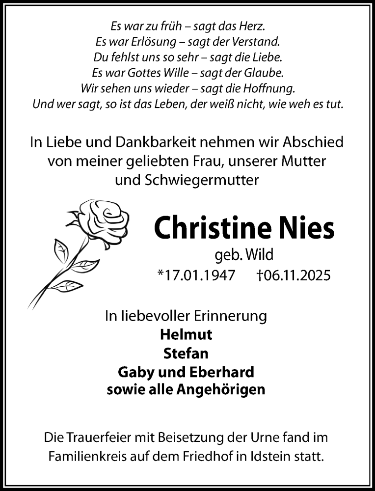  Traueranzeige für Christine Nies vom 06.12.2025 aus Idsteiner Land/Untertaunus