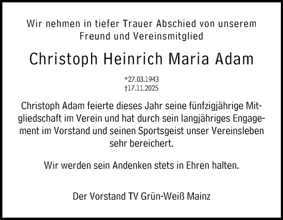 Traueranzeige von Christoph Heinrich Maria Adam von Allgemeine Zeitung Mainz