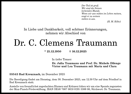 Traueranzeige von Clemens Traumann von Allgemeine Zeitung Rheinhessen-Nahe