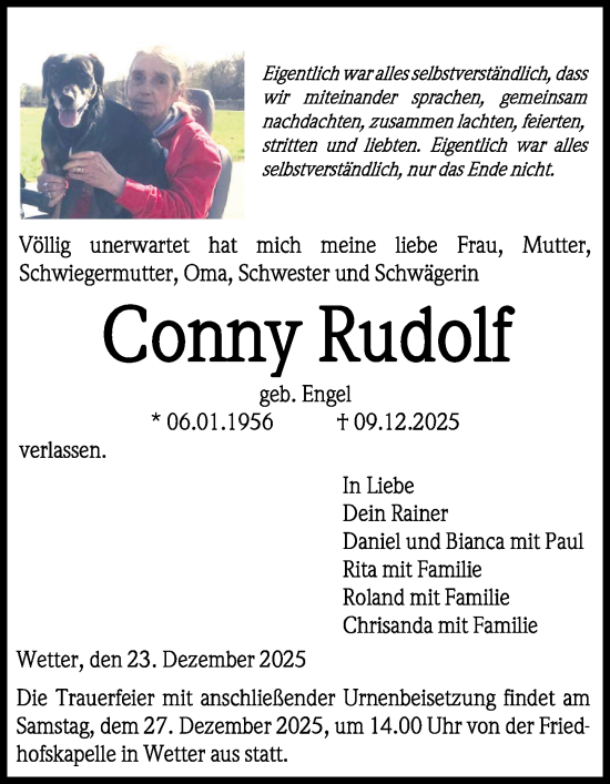 Traueranzeige von Conny Rudolf von Hinterländer Anzeiger