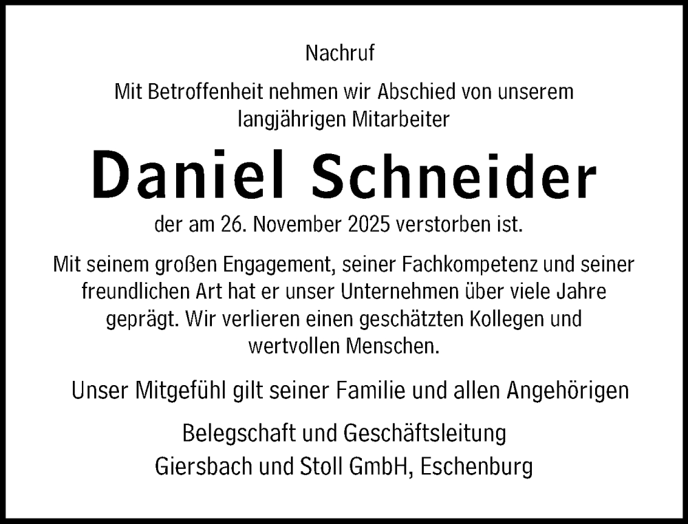  Traueranzeige für Daniel Schneider vom 05.12.2025 aus Dill Block