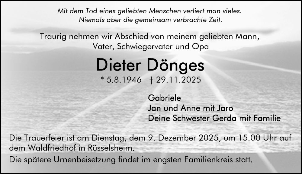  Traueranzeige für Dieter Dönges vom 06.12.2025 aus Rüsselsheimer Echo