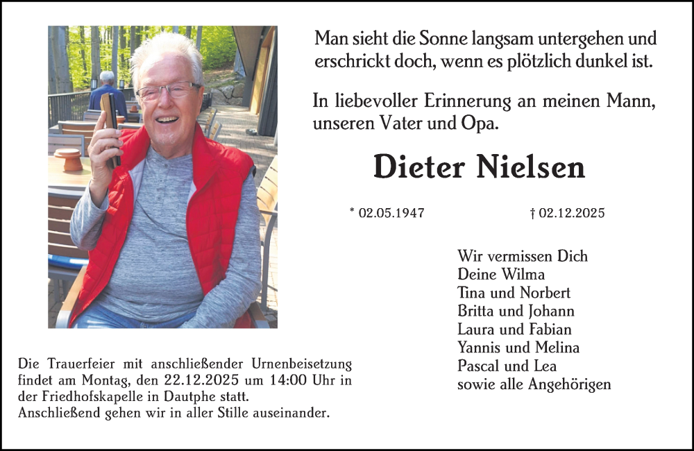  Traueranzeige für Dieter Nielsen vom 17.12.2025 aus Hinterländer Anzeiger