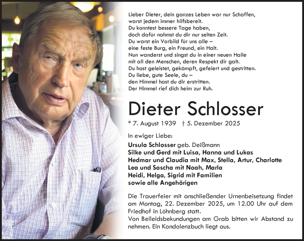  Traueranzeige für Dieter Schlosser vom 13.12.2025 aus Weilburger Tageblatt