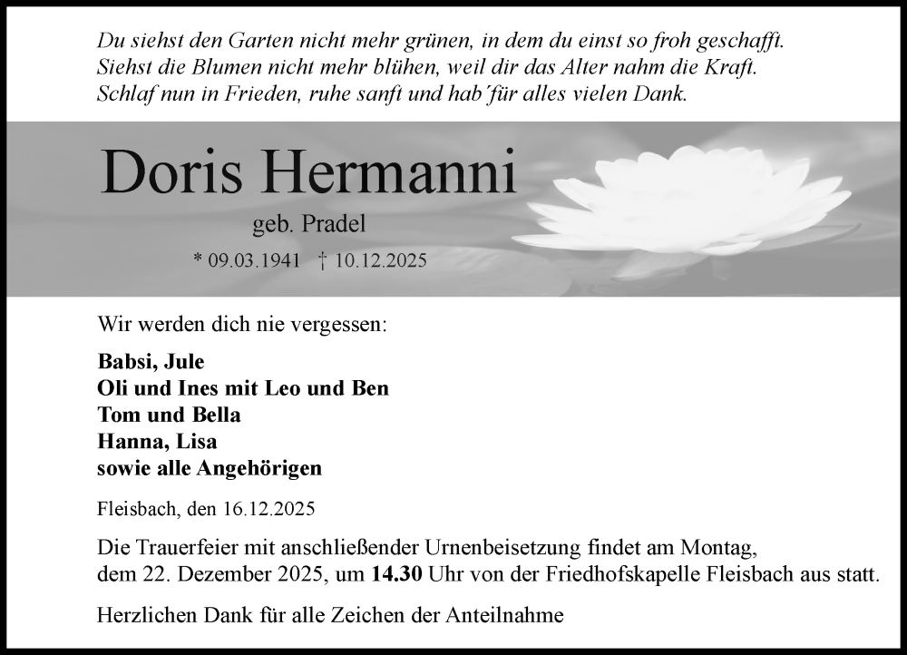  Traueranzeige für Doris Hermanni vom 16.12.2025 aus Dill Block