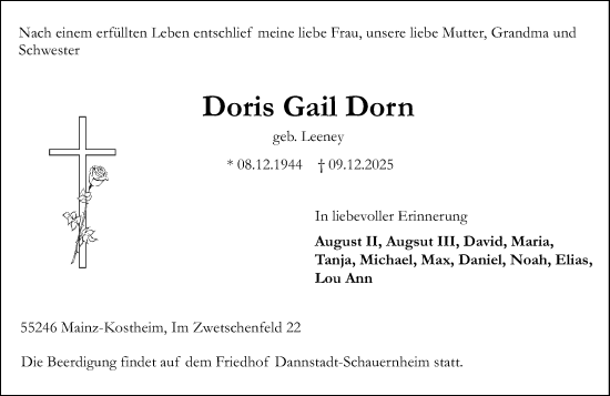 Traueranzeige von Doris Gail Dorn von Allgemeine Zeitung Mainz