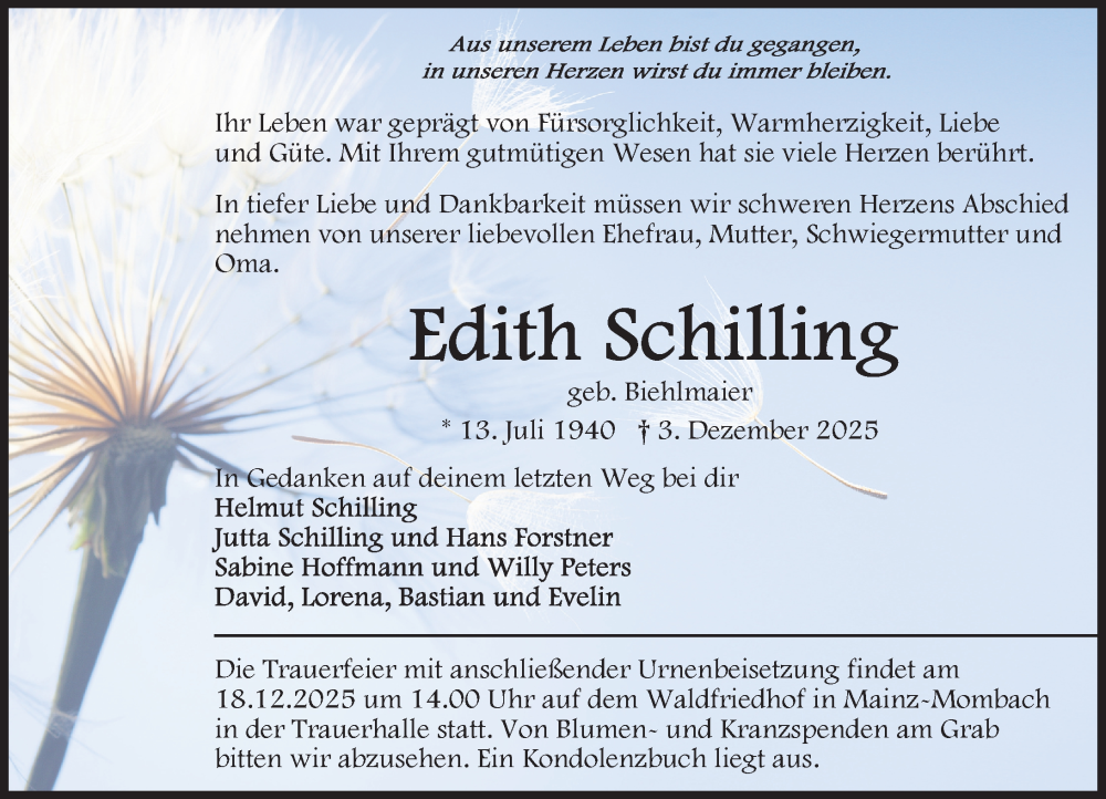  Traueranzeige für Edith Schilling vom 13.12.2025 aus Allgemeine Zeitung Mainz