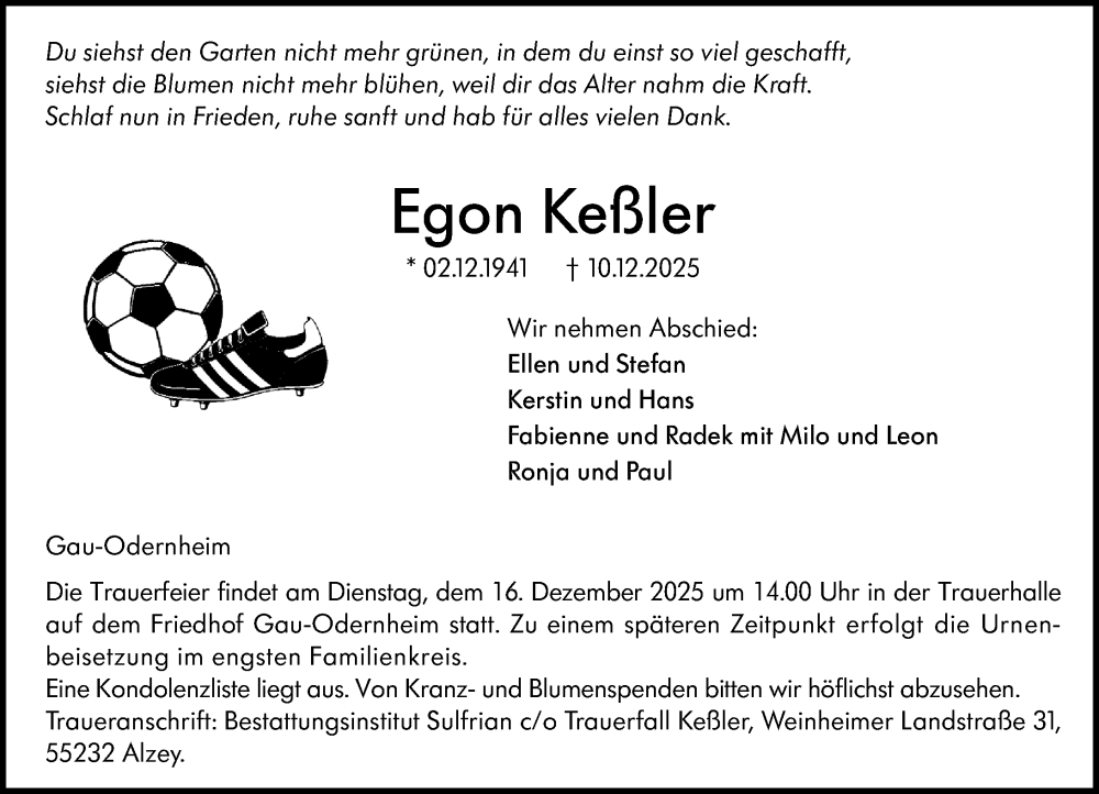  Traueranzeige für Egon Keßler vom 13.12.2025 aus Allgemeine Zeitung Alzey