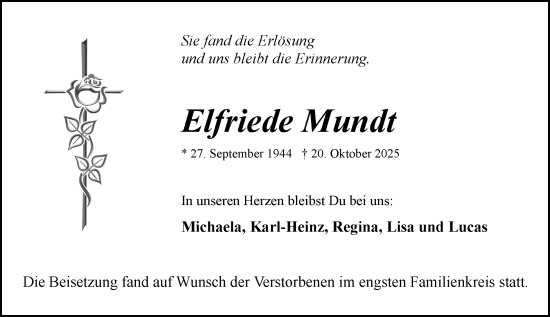 Traueranzeige von Elfriede Mundt von Rüsselsheimer Echo