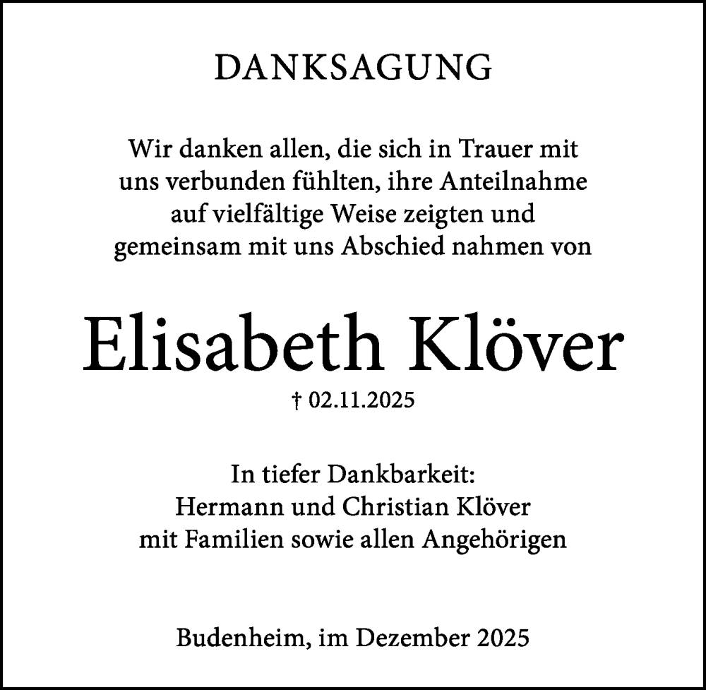  Traueranzeige für Elisabeth Klöver vom 06.12.2025 aus Allgemeine Zeitung Mainz