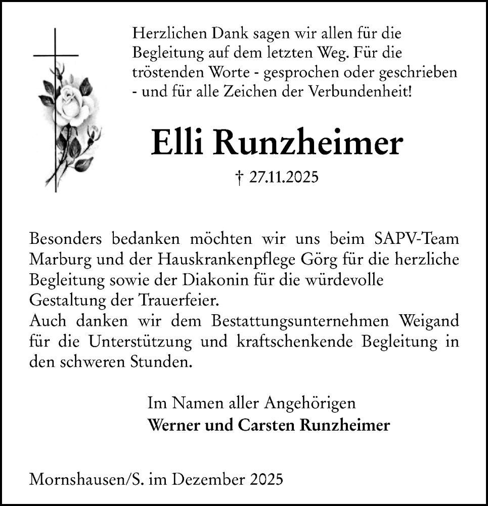  Traueranzeige für Elli Runzheimer vom 20.12.2025 aus Hinterländer Anzeiger